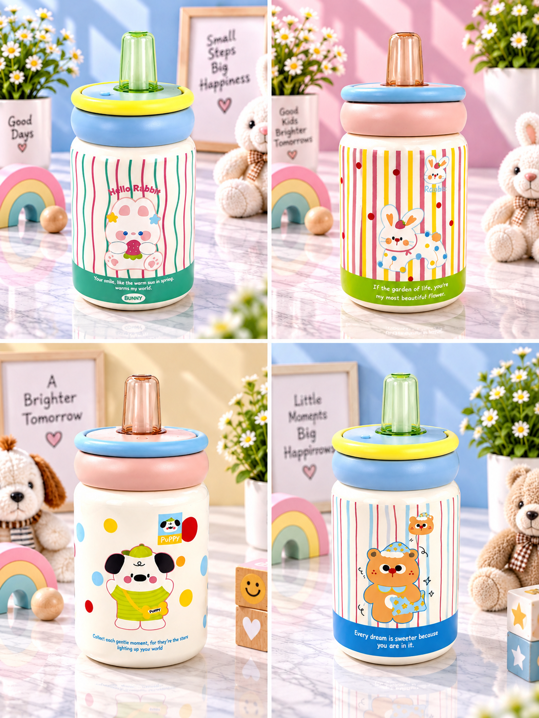 Cute rabbit character sipper mug with green lid, white body, and vertical stripe design